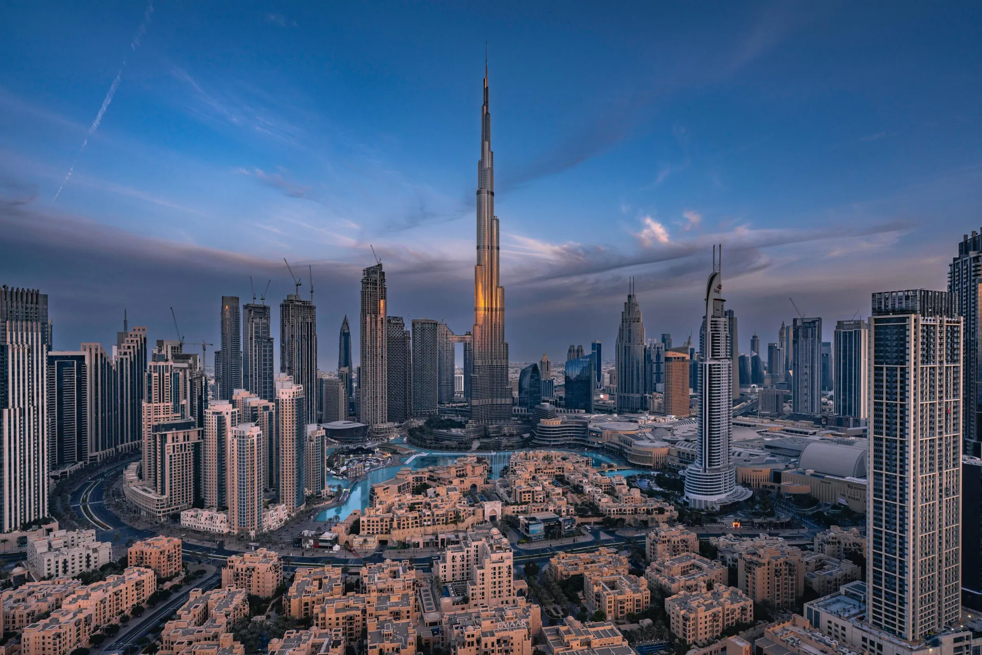 Dubai skyline at dusk with Burj Khalifa